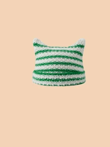 1pc Striped Cute Pattern Cat Ear Shaped Knitted Hat, Warm Comfortable Soft, Y2K Style, Black & Gray, Suitable For School Wear Animal Ears - Knitted Striped Hat - View 11