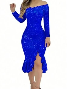 Off Shoulder Long Sleeve Sexy Solid Thigh High Slit Elegant Ruffle Hem Shiny Cocktail Party Dress, Spring/Summer - Blue - View 6