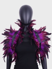 一件羽毛披肩连衣裙，哥特式羽毛背心披肩服装，适合狂欢节、节日、派对、舞台表演。天鹅绒斗篷套装，配人造羽毛披肩——长款女巫连衣裙，适合角色扮演、狂欢节和化装舞会派对，万圣节女装。 - 彩色 - 查看 4