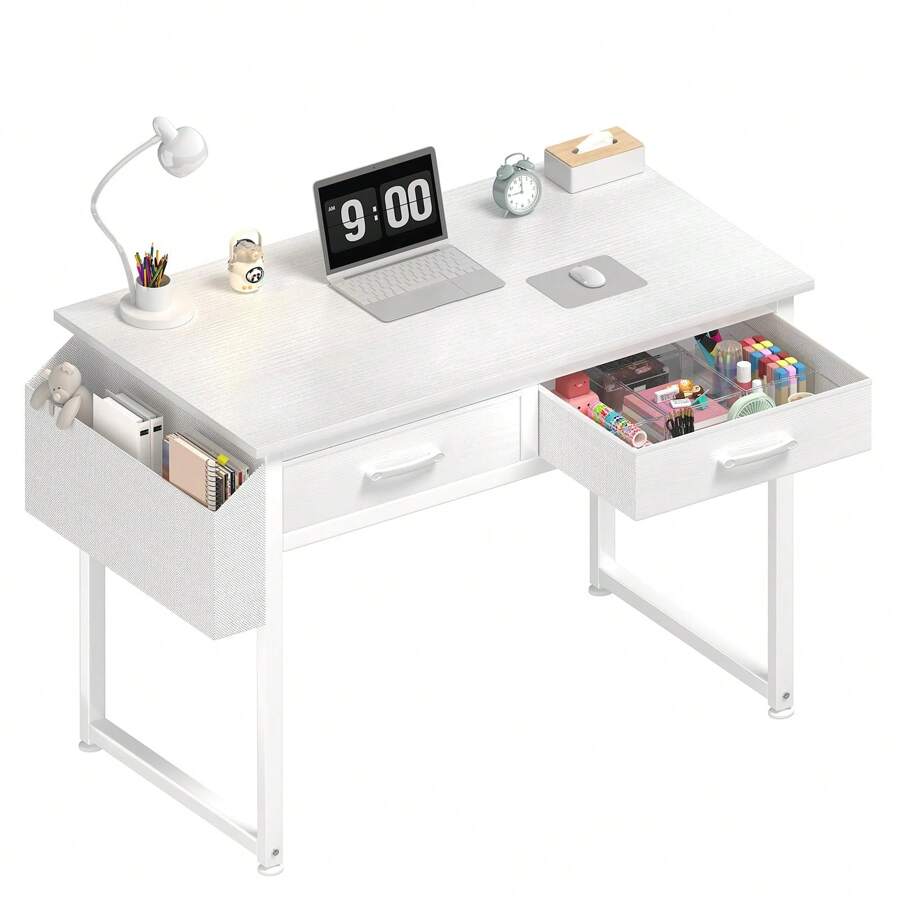 DLisiting White Small Desk With Fabric Drawers - 32 Inch Vanity Desk With Storage Drawer And Bag For Bedroom, Study Writing Table For Small Spaces, White - White - View 1