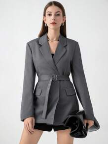 Deep Grey Elegant Long Sleeve Blazer - Dark Grey - View 2