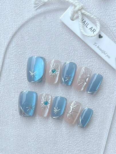 10Pcs Short Square Star Iridescent Blue Cat Eye Nail Art Tips, Ballet Style, Removable, Elegant Nail Dress Up, Suitable For Party, Dance, Daily Wear, Pressure-Sensitive, Reusable, Includes 1Pc Gel Sander & 1Pc Rubbing Block Press On Nails Nail Supplies Nails