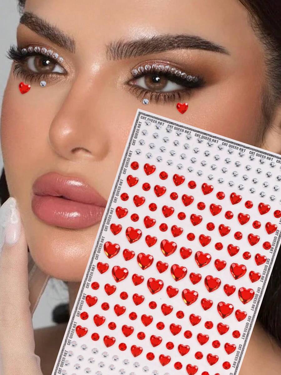 1pc Multicolor Large Red Heart & Assorted Silver/White Rhinestone Face Gems Decor, Y2K Festival Makeup Party Daily Attire DIY, Applicable For Hair, Eyes, Face, Body Decoration - Multicolor - View 1
