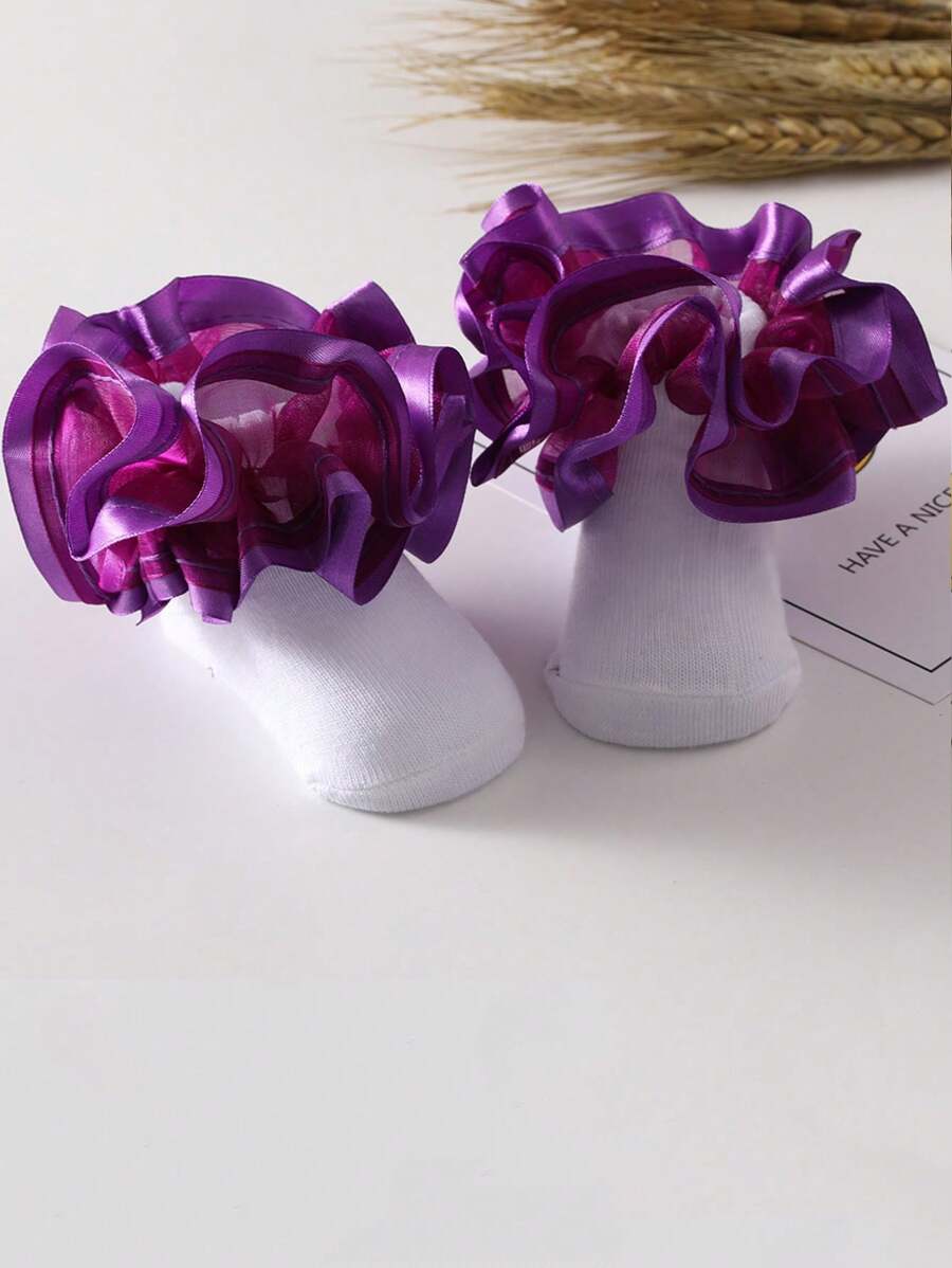 1 Pair Of 3D Floral Ruffle Princess Socks For Baby Girls - Purple - View 1