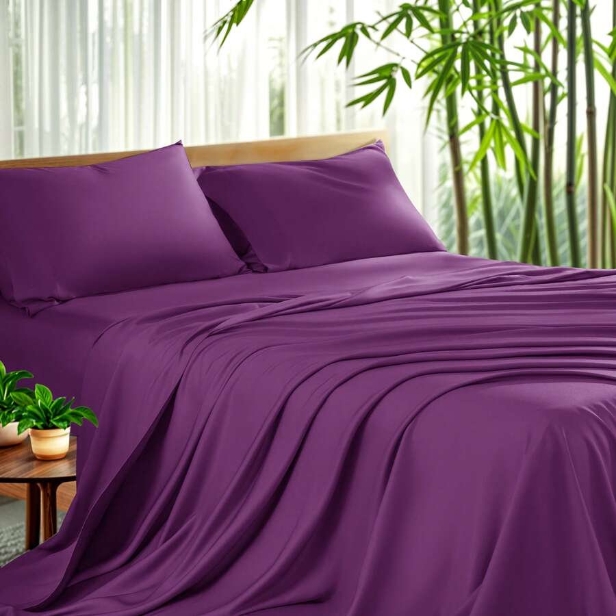 LBRO2M 4Pcs Cooling Silky Bamboo Bedding Set, Comfortable Bed Room Decor Sheets, 16-Inch Deep-Pocket Fitted Sheet, Perfect For Christmas Gift (Includes 1 Flat Sheet + 1 Fitted Sheet + 2 Pillowcases) - 紫色 - 查看 1