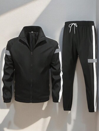 2pcs Men Casual Versatile Jacket And Trouser Set, Fall Clothes
