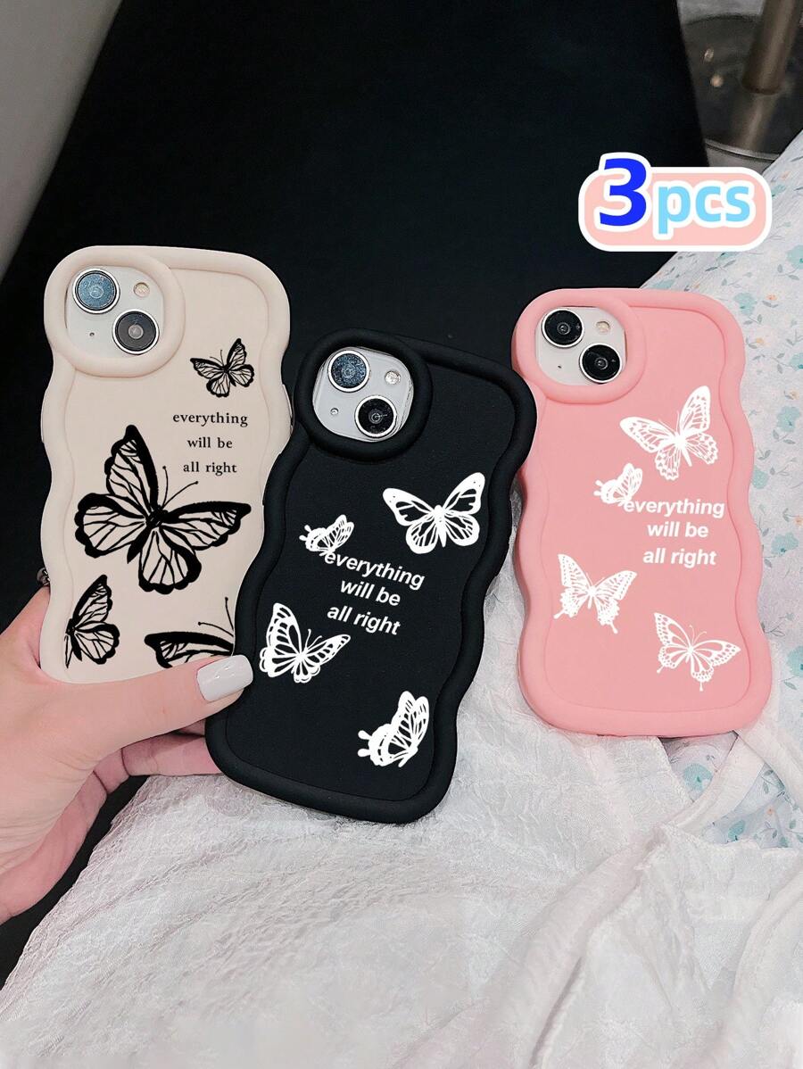 Luxury Butterfly Fashion Phone Cases Butterfly Print Matte Wave Edge 3pcs Creative Soft Case Compatible With IPhone & Galaxy Phones Spring Gift Birthday