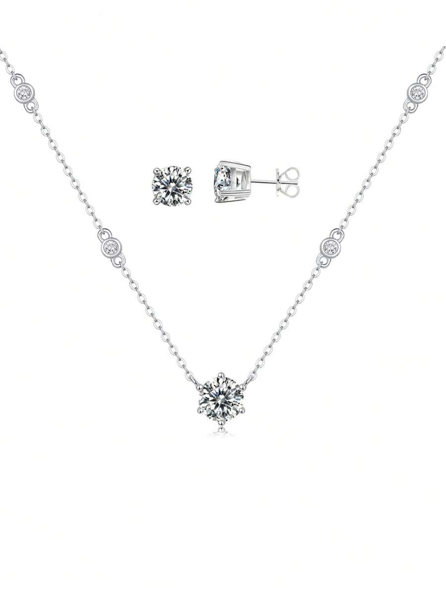 1 Bộ trang sức mặt dây chuyền tròn bằng bạc Sterling 925 Cubic Zirconia lấp lánh cấp độ 5A và hoa tai đính đá cho phụ nữ, dùng cho đám cưới, cuộc thi sắc đẹp, lễ hội, tiệc tùng