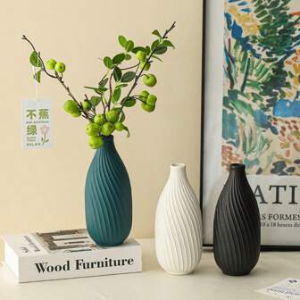 French Style Stripe Vase, Artificial Apple Branch Decor For Living Room, Study, Hotel Lobby Home Decor Room Decor Flower Vase Glass Vase