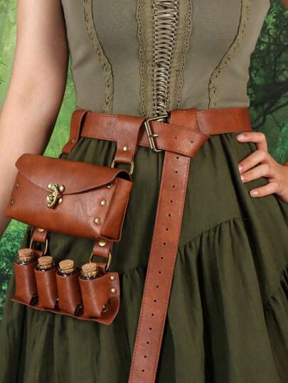 2pcs Medieval Alchemy Faux Leather Belt With 4 Wooden Potion Bottles, Vintage Wizard Waist Bag/Side Bag/Cosplay Accessory For Halloween