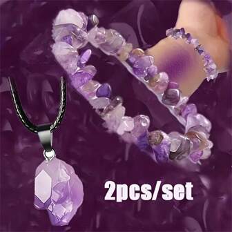 1/2pcs Amethyst Quartz Bracelet & Necklace Pendant, Purple Pebble Stone Bracelet