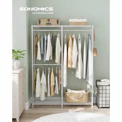 SONGMICS Perchero de ropa, armario independiente, estanterías de metal para ropa, perchero resistente con estantes ajustables, barras para colgar, divisible, 15.8 X 47.2 X 70.9 pulgadas, blanco nube, primavera, minimalista, blusas de verano