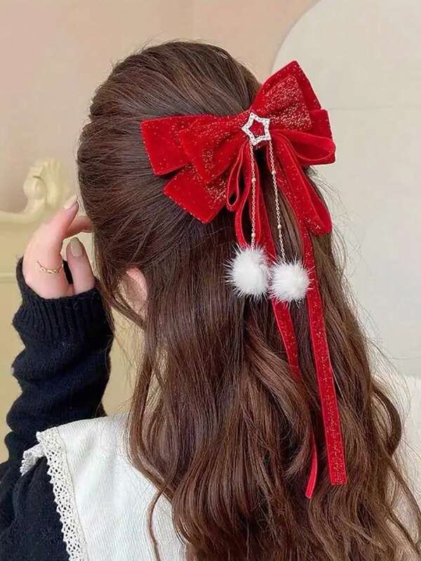 1pc Red Bow, Fluffy Ball, Ribbon, Star Hairclip - Girls New Year Hair Accessory