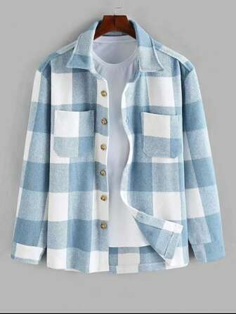 Men's Casual Plaid Long Sleeve Jacket With Pocket, Fashion Loose Fit Outwear, Spring & Autumn