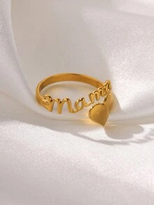 1 pieza Anillo con letras 'Mamá' con corazón, enchapado en oro de 18K/platino, de acero inoxidable ajustable, accesorio de joyería de moda, regalo para el Día de la Madre - mamá - Ver 5