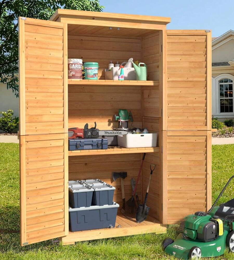 Lofka Outdoor Furniture Outdoor Storage Cabinet, Wooden Garden Herramientas Tools Shed, With 3 Shelves, Double Lockable, Waterproof Roof, Outside Utility Tall Herramientas Tools Organizer, Outside Vertical Tall Herramientas Tools Shed For Yard Garden/Patio/Lawn/Deck - 黃色 - 查看 1