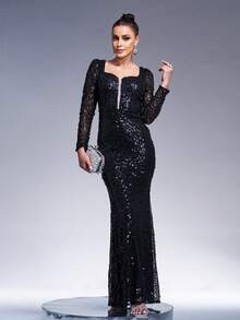 Missord Mesh Insert Sweetheart Neck Mermaid Hem Sequin Formal Dress - Black - View 5