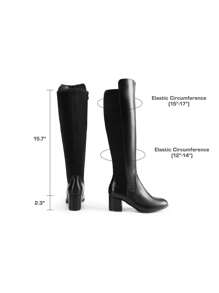 Women's Knee High Stretchy Fashion Boots Round Toe Chunky Heel Fashionable Classic Boots - BLACK-PU - View 5