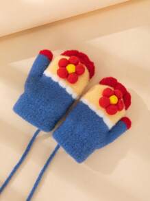 2pcs/Set 1-3 Years Old Kids Cartoon Flower Thickened Warm Full Finger Gloves, Winter