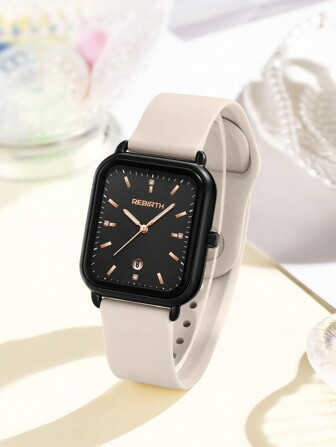 1 件 Rebirth Brand 女士硅胶表带石英手表带日历，简约时尚，适合日常佩戴