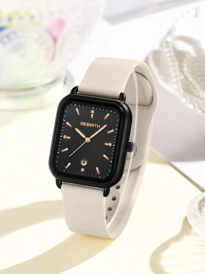 1 件 Rebirth Brand 女士硅胶表带石英手表带日历，简约时尚，适合日常佩戴
