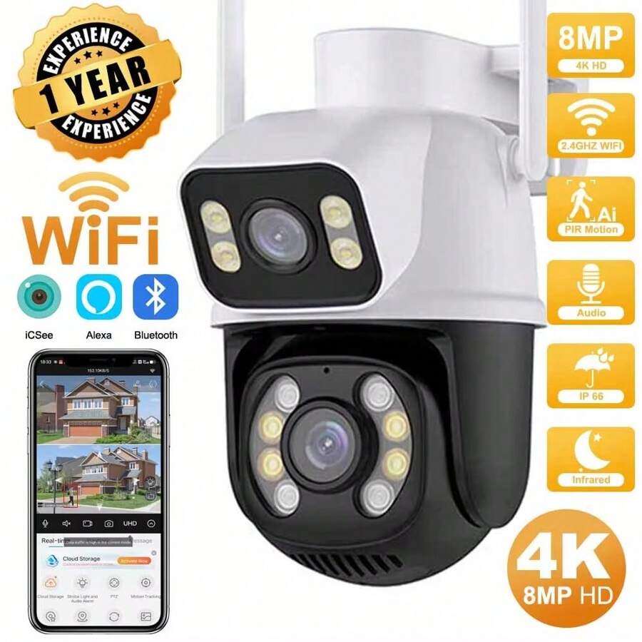 Cámara WiFi PTZ 4K, Cámara IP de doble lente y doble pantalla, Cámara de exterior de 8MP con seguimiento automático, Aplicación ICSee