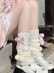 1双女士洛丽塔风格粉色蝴蝶结毛球针织腿套，Y2k风格，舒适 - 彩色 - 查看 2