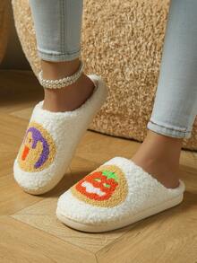 Halloween Cartoon Pumpkin Warm House Slippers, Round Toe Soft Sole Anti-Slip Fluffy Slippers, Plush Comfort Indoor Shoes - White - View 3