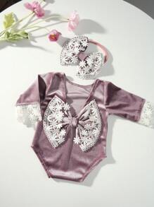Bộ 2 bộ đồ liền thân nhung viền ren và băng đô cho trẻ sơ sinh, trang phục nơ cho bé, quần áo chụp ảnh cho bé gái, quà tặng trang trí gia đình tiệc mừng em bé, quà tặng lễ Phục sinh cho bé gái/bé trai - Nhiều màu - Xem 3