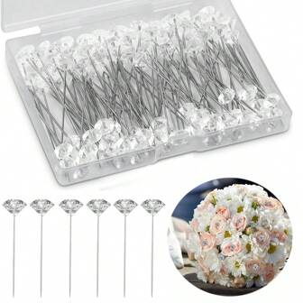 50/100/200 件钻石水钻水晶头别针，透明花束花别针，适用于结婚纪念日情人节 DIY 工艺品