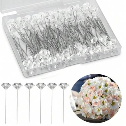 50/100/200pcs Diamond Crystal Rhinestone Pins, Transparent Flower Bouquet Brooch, Suitable For Wedding Anniversary, Valentine's Day, DIY Crafts