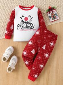 Young Boy 2pcs Christmas Outfit : Long Sleeve Deer Print Top And Plaid Christmas Tree Snowflake Print Pants, Autumn/Winter