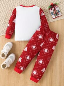 Young Boy 2pcs Christmas Outfit : Long Sleeve Deer Print Top And Plaid Christmas Tree Snowflake Print Pants, Autumn/Winter