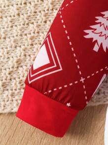 Young Boy 2pcs Christmas Outfit : Long Sleeve Deer Print Top And Plaid Christmas Tree Snowflake Print Pants, Autumn/Winter