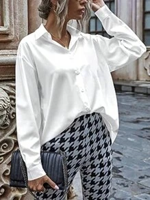Camicia formale oversize con bottoni, spalle larghe, stile boyfriend, con tasche, manica lunga per donna