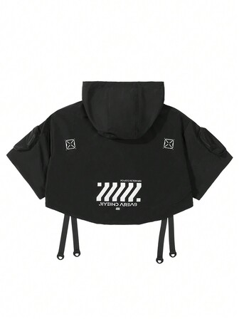 Streetwear Harajuku Dark Functional Hooded Poncho For Men, Loose Casual Hiphop Pullover Top Jacket