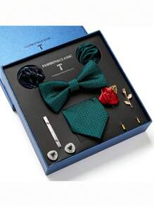 AlanKing 1 套金色花朵领带、手帕、袖扣、胸花男士正装西装适合婚礼、商务、情人节礼物男士领带