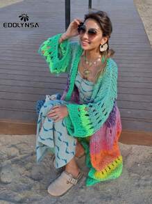 Abrigo colorido bohemio tejido a mano de lujo con mangas campana, cárdigan tipo kimono de ganchillo, tejido otoño invierno 2024