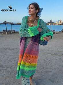 Abrigo colorido bohemio tejido a mano de lujo con mangas campana, cárdigan tipo kimono de ganchillo, tejido otoño invierno 2024