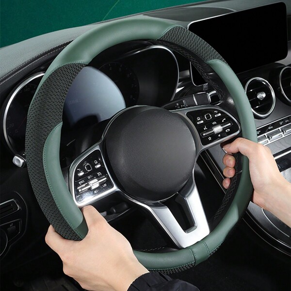 Car Steering Wheel Cover Premium Leather Stitched With Breathable Mesh Fabric FIt For 14.5-15 Inch All Seasons Universal