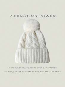Thick Warm Woolen Cable Knit Beanie Hat For Women, Autumn/Winter, With Fuzzy Pom Pom,Fashionable & Unique