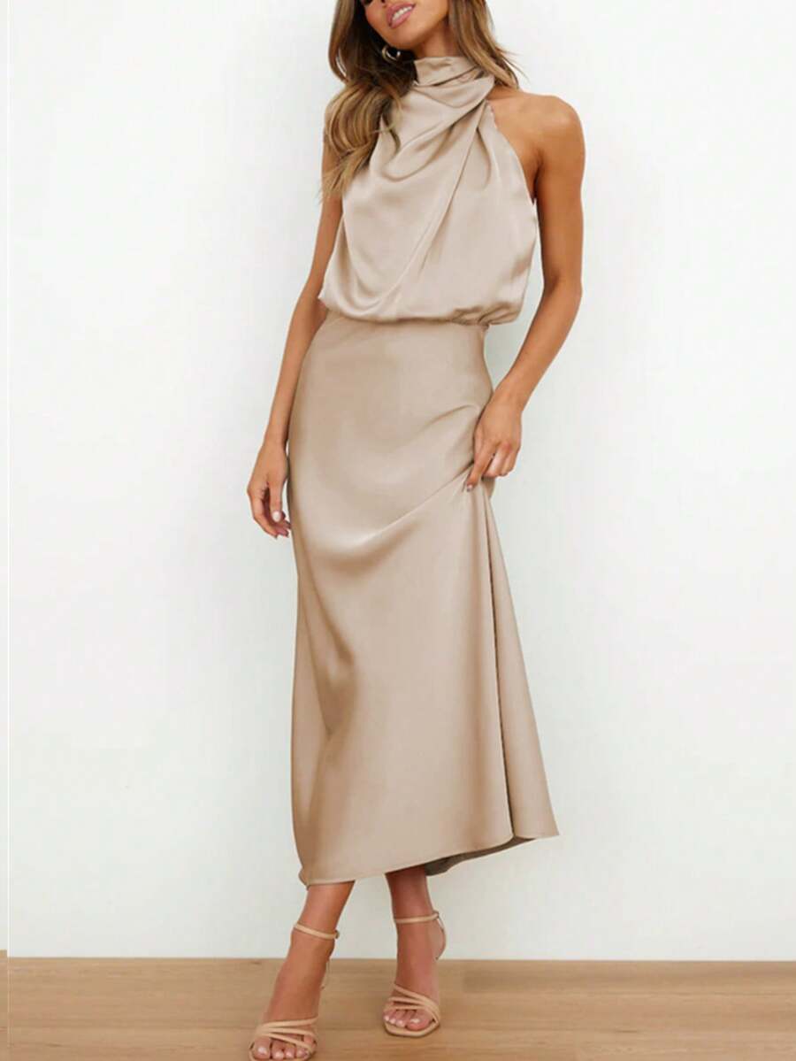 Satin High Neck Sleeveless Elegant Evening Dress, Cocktail Semi Formal Dress, For Birthday, Wedding Guest Dinner, Homecoming Party Dress