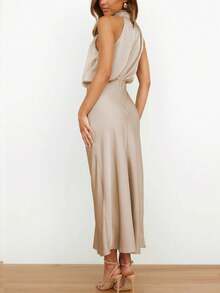 Satin High Neck Sleeveless Elegant Evening Dress, Cocktail Semi Formal Dress, For Birthday, Wedding Guest Dinner, Homecoming Party Dress