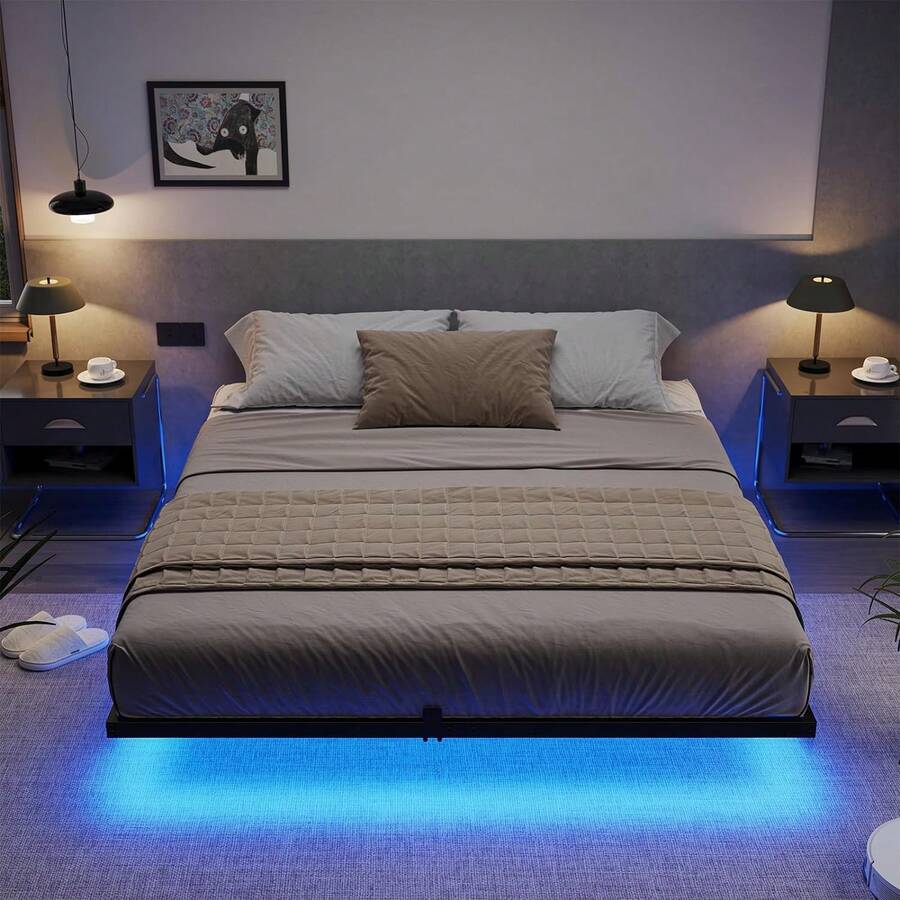 Floating Bed Frame Queen Size Bed With LED Lights, Metal Platform Queen