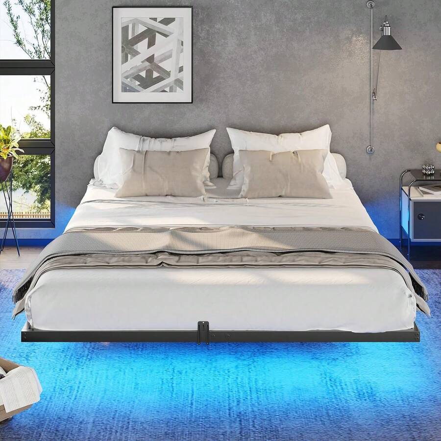 Floating Bed Frame Queen Size Bed With LED Lights, Metal Platform Queen