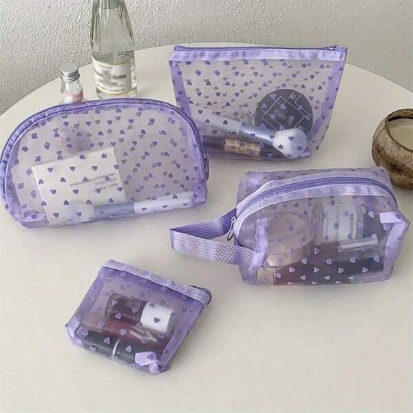 1pc Heart Printed Mesh Cosmetic Bag, Multipurpose Portable Makeup Bag, Portable Coin Pouch Storage Bag, Lightweight Organizer Bag With Zip Closure