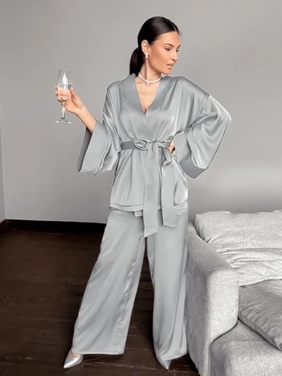 2 件套女士纯色冰丝系带长袖开衫和阔腿裤睡衣套装，舒适，两件套