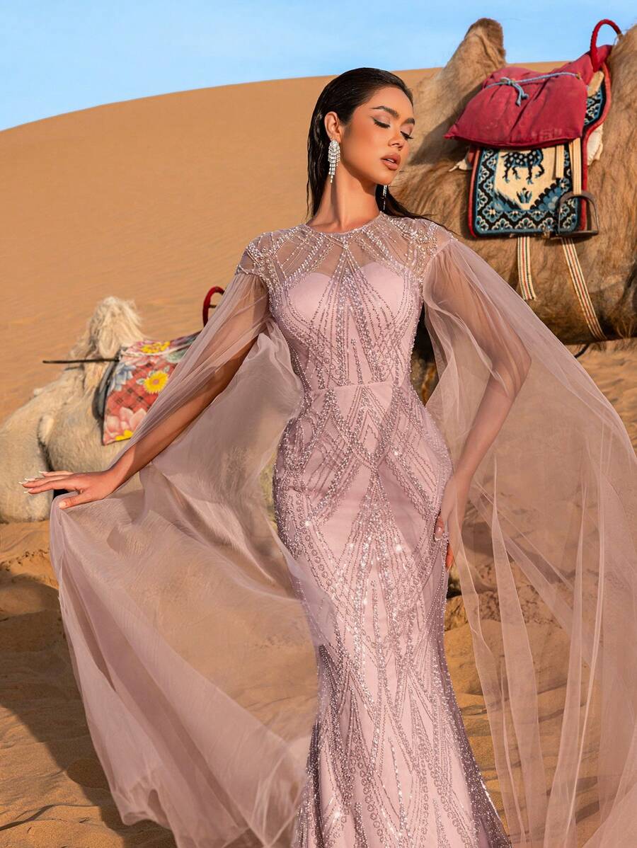 优雅薄纱袖美人鱼裙摆串珠亮片正式礼服，长袖长裙，适合舞会、婚礼宾客、毕业典礼、宴会等场合。 - 淺粉色 - 查看 1