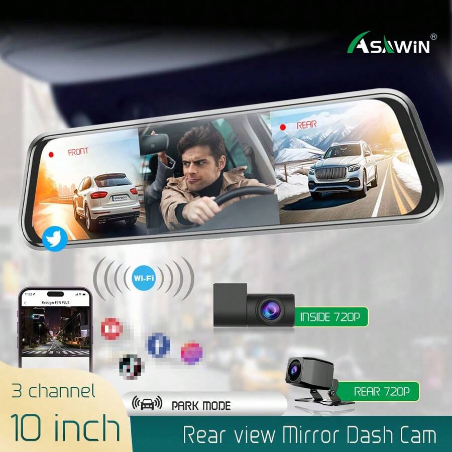 3 מצלמות Wifi 10 אינץ' מראה אחורית מצלמת Dash Cam 3 דרכים מצלמת רכב ...