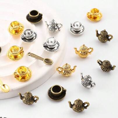 9-50 件迷你合金饰品咖啡杯茶壶勺餐具厨房饰品吊坠适用于 DIY 工艺珠宝制作项链手链钥匙链